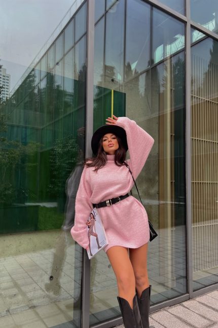 Stand Up Collar Knitwear Tunic Dress Pink